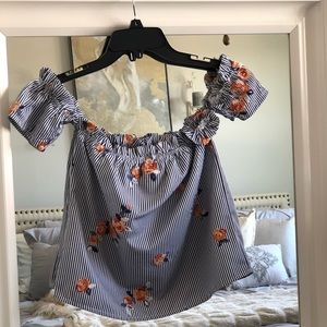 Striped Off Shoulder Crop Top with embroidered flowers SZ S